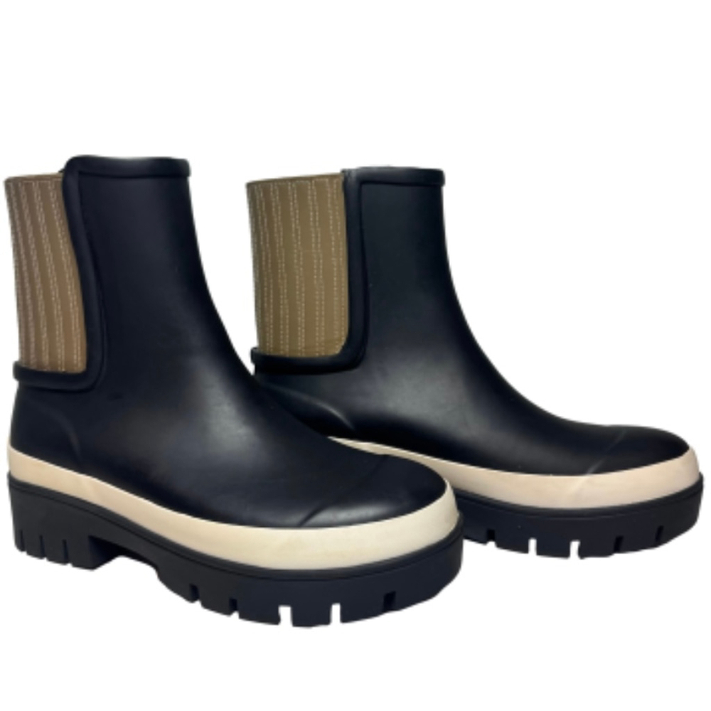 NEW Tory Burch Hurricane Rain Boots Size 7 Black White Olive Green Wellington